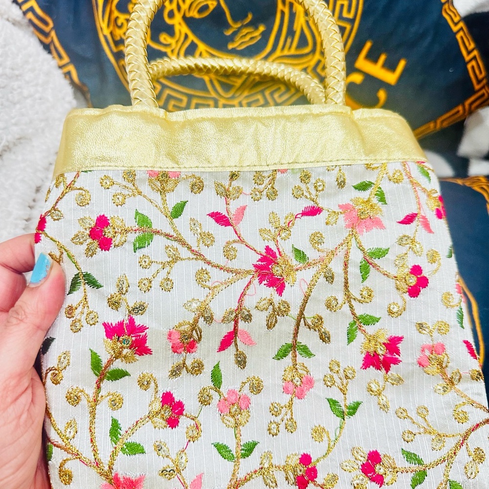 Elegant party bag with hand crafted delicately Embroidered Gold & Pink flowers